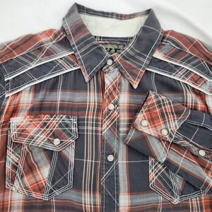 BKE Men Pearl Snap Western‎ Shirt Medium Orange Gray Plaid Country Rugged Cowboy